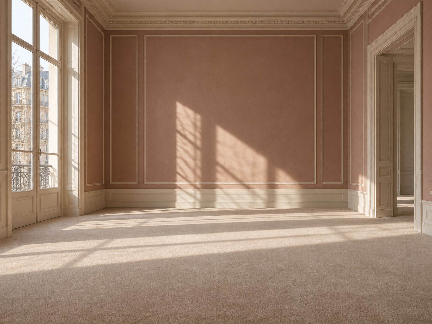An empty room with soft pink walls and afternoon light.