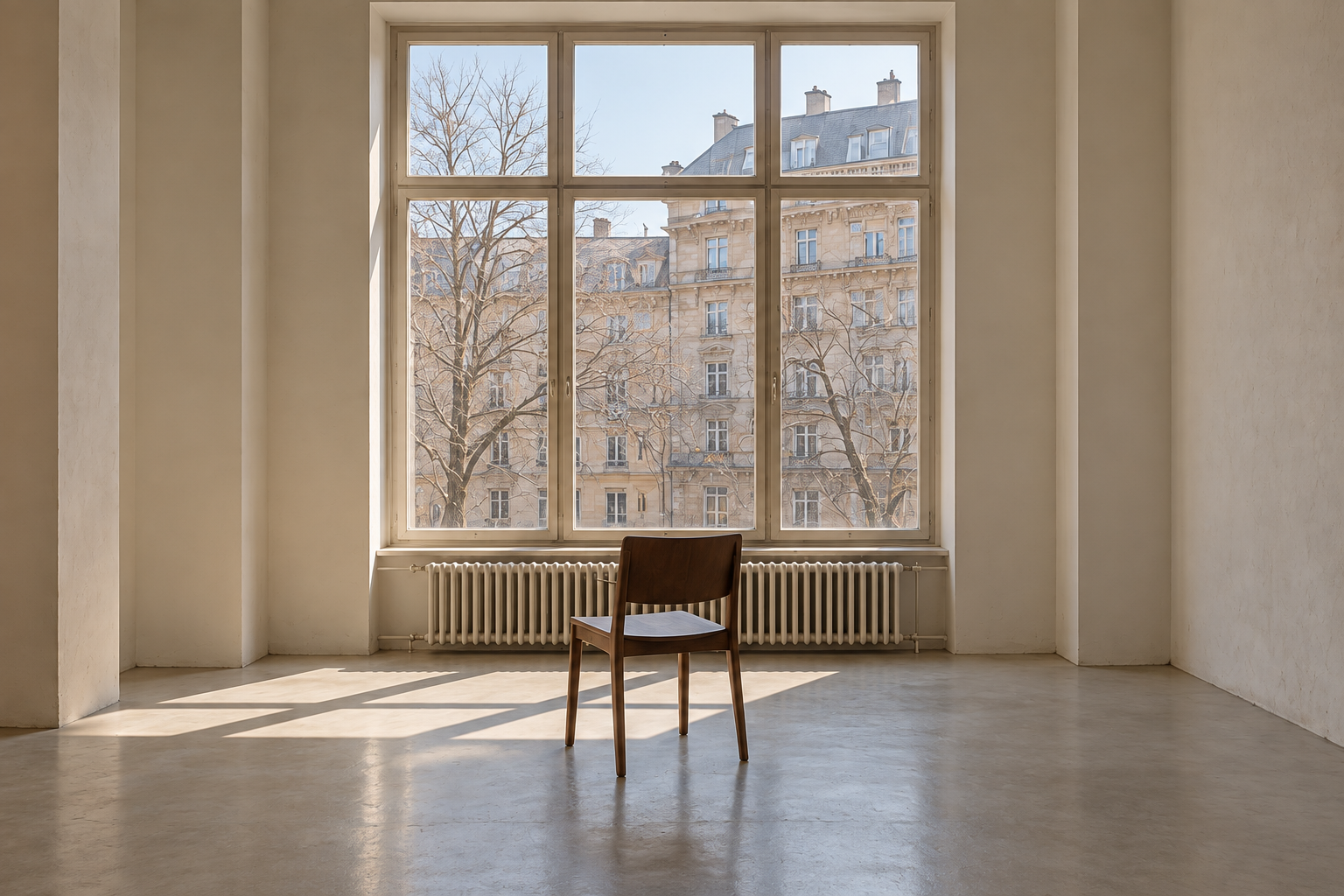 A wooden chair facing a tall window onto a city street.