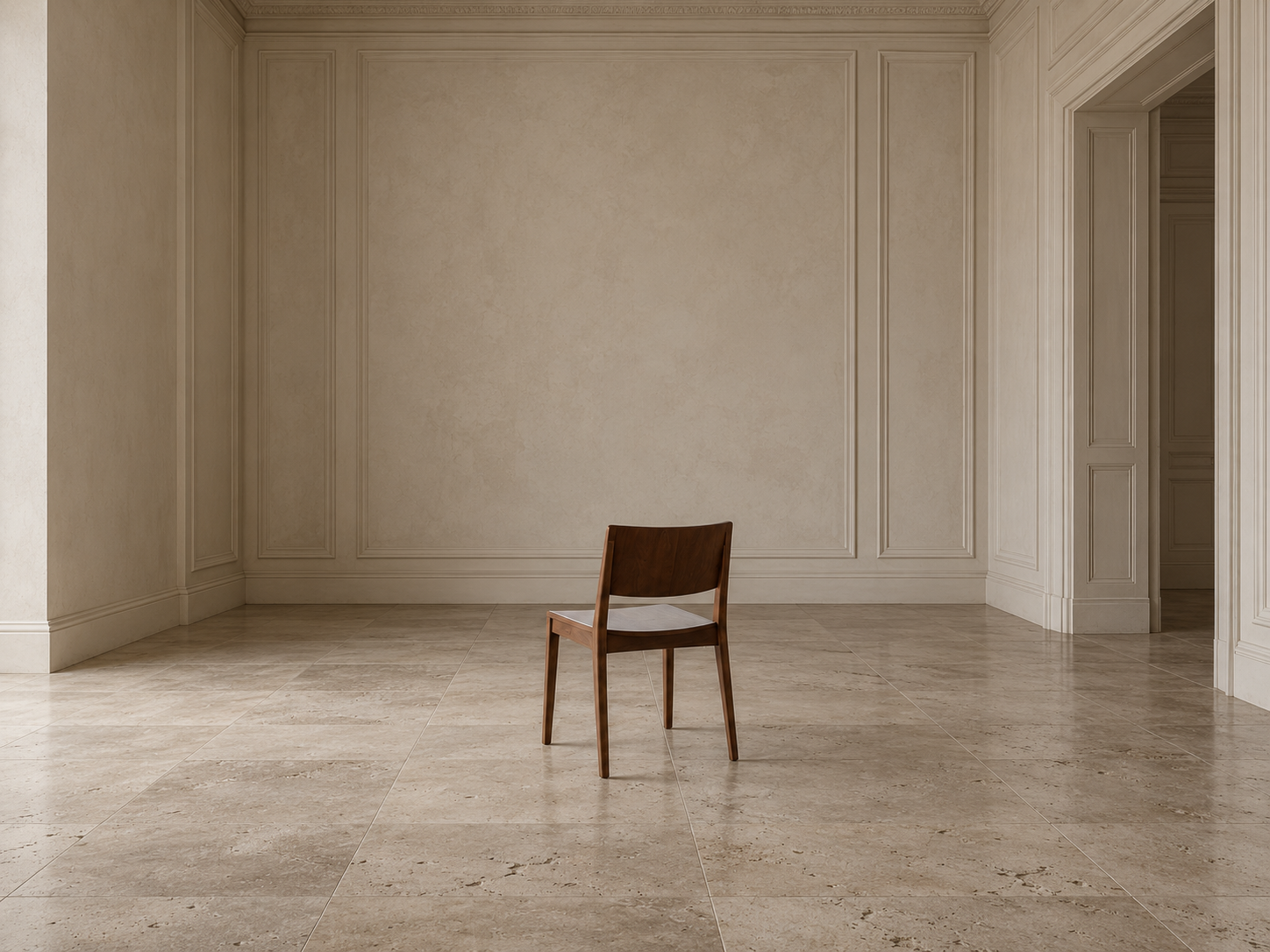 A single wooden chair in a pale panelled room.