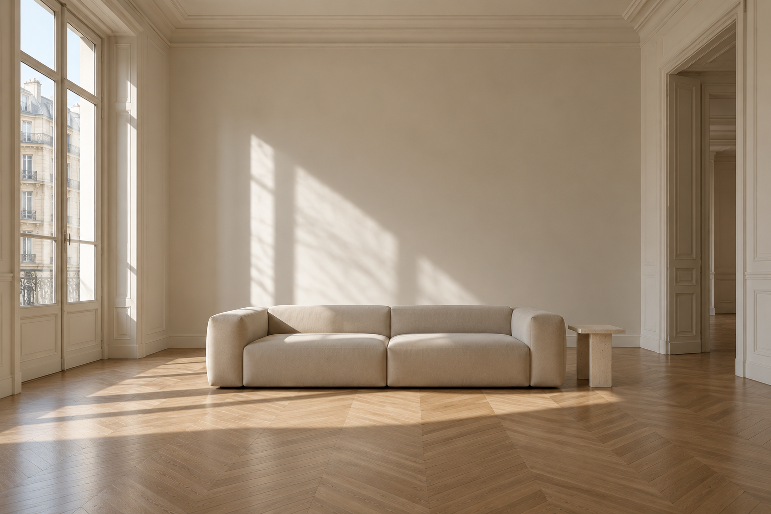 A pale sofa against a sunlit wall on a parquet floor.